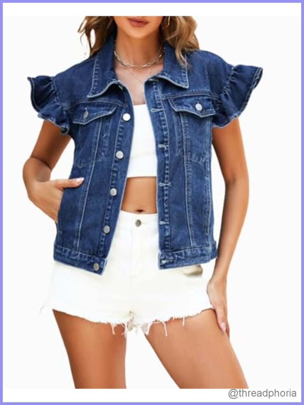Ruffle Cap Sleeve Denim Vest Women Jean Jacket Button Front